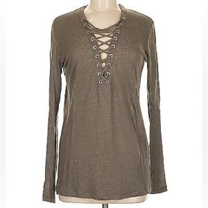 IRO Lace-Up V-Neck Long Sleeve Top - Taupe Gray/Green